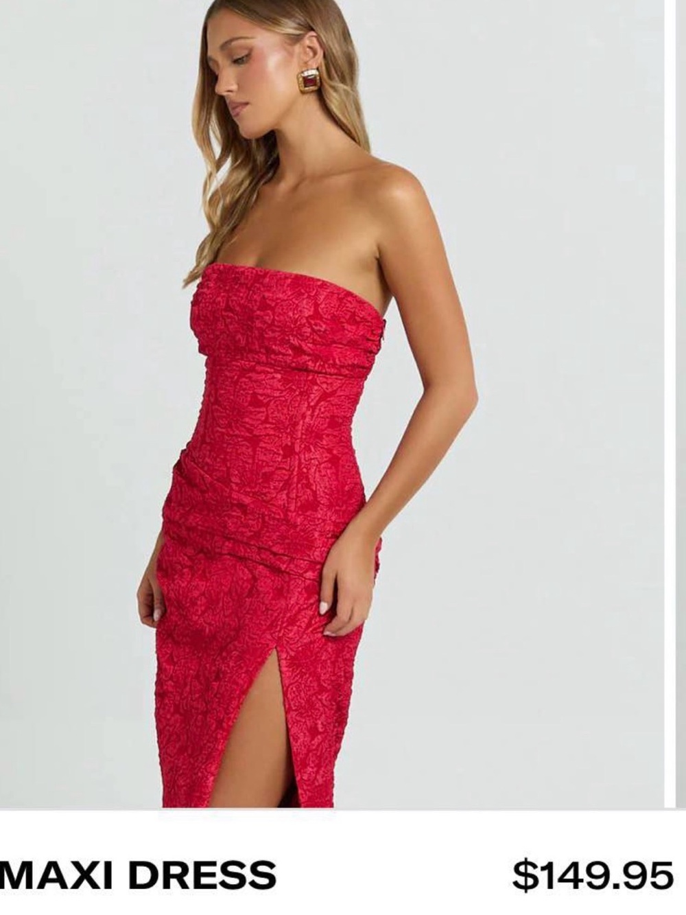 Showpo Strapless Red Lace Maxi with High Thigh Slit